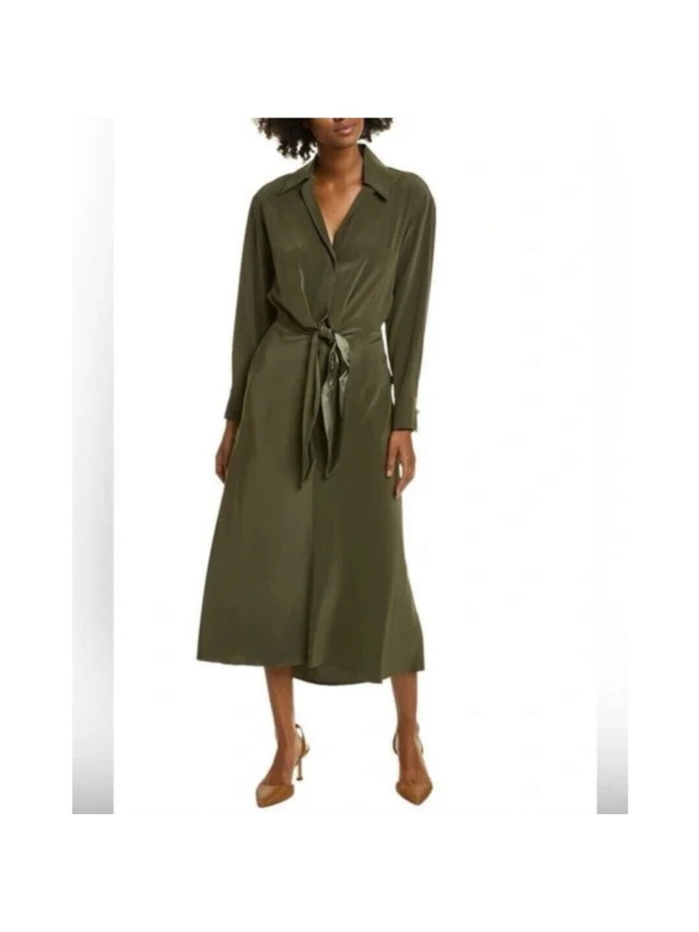 Vince Olive Green Midi Tie-Waist Shirt Dress